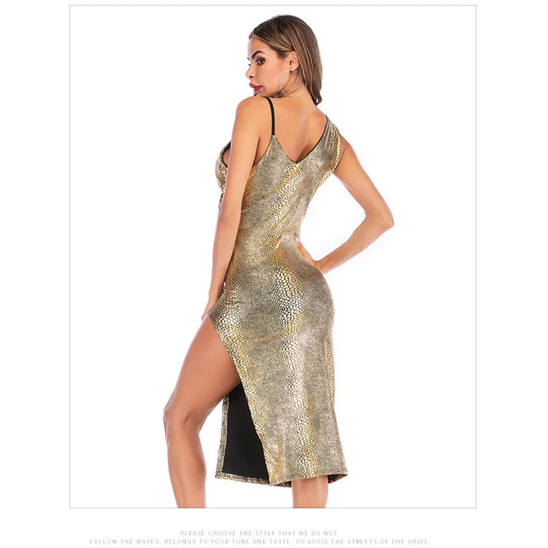 

Party Night Club Women Print Midi Dress Summer Fashion Sexy V-neck Spaghetti Straps Slim Dress