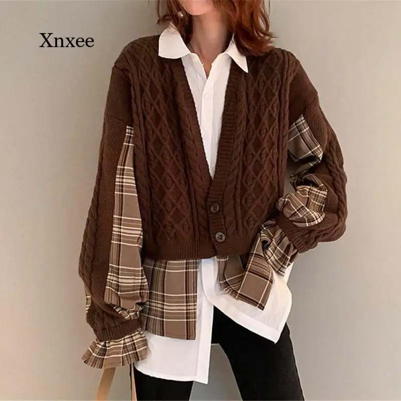 

Patchwork Lantern Sleeves Sweater Women Ruffles V-Neck Cardigan Long Puff Sleeve Harajuku Knitting Elegant Loose Fashion Tops