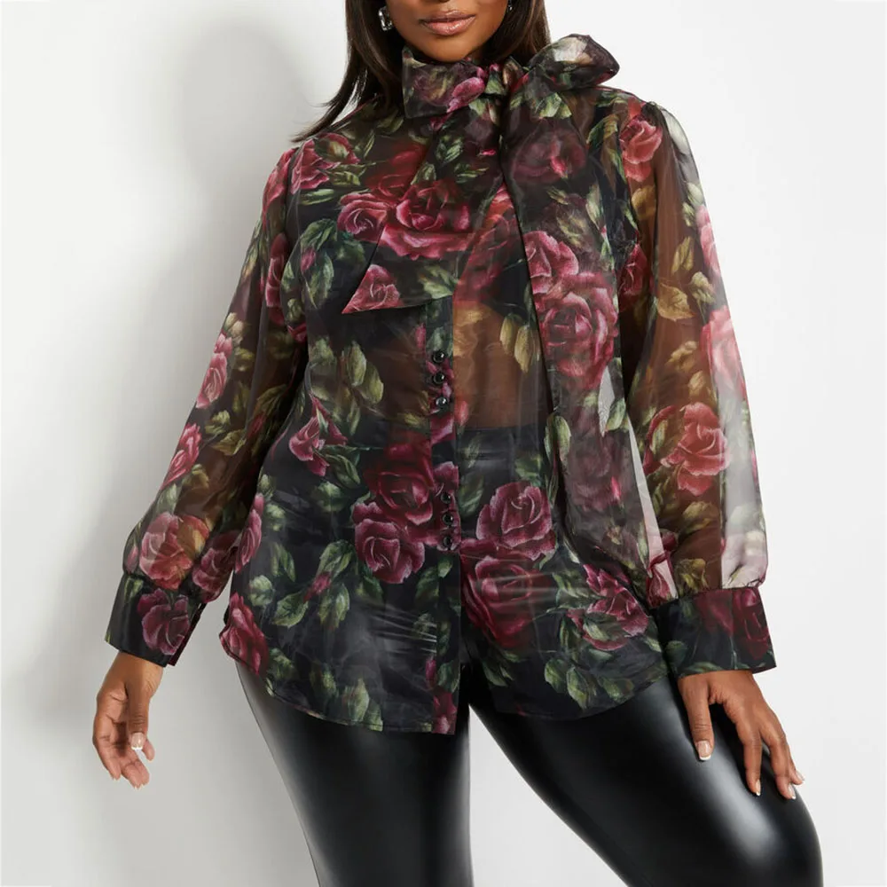 Прозрачная женская блузка с цветочным принтом летняя винтажная длинным рукавом