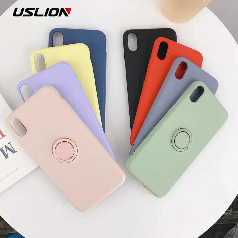 USLION силиконовый сплошной цвет с кольцом для пальцев чехол для iPhone X XS XR Xs Max 6 6S 7 8 Plus Мягкий ТПУ, конфетный цвет задняя крышка