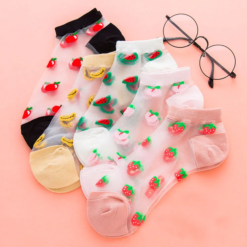 

Women Harajuku Strawberry Lace Socks Cute Transparent Elastic Soft Funny Socks Set Female Korean Fashion Summer Calcetines