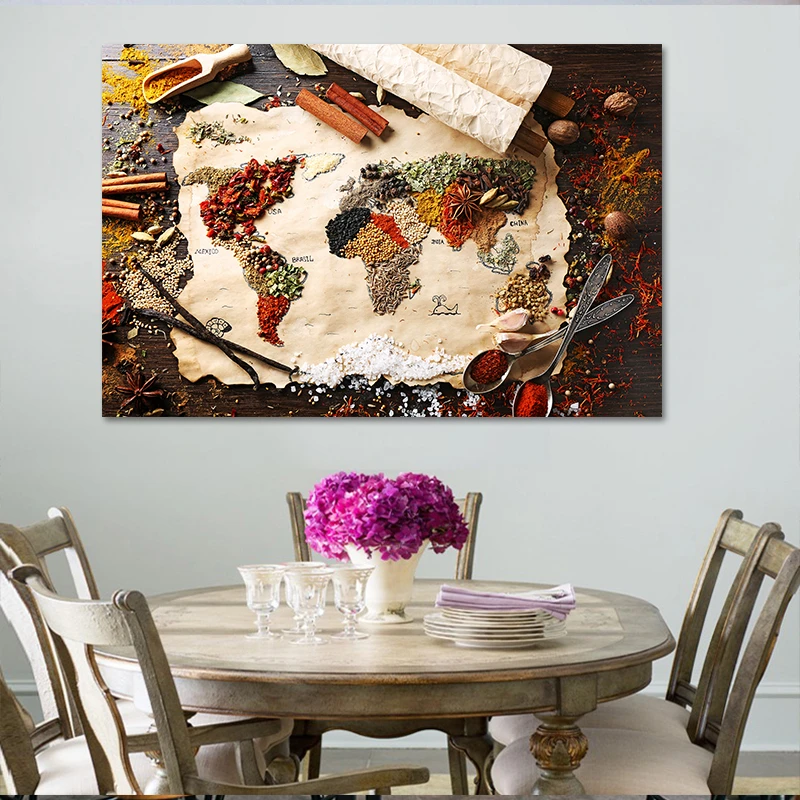 Настенный постер и печать на кухне различные приправы Карта мира настенные