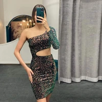 sexy new prom dress sequined one shoulder long sleeve mini skirt for ladies party gown cocktail dresses robes de cocktail
