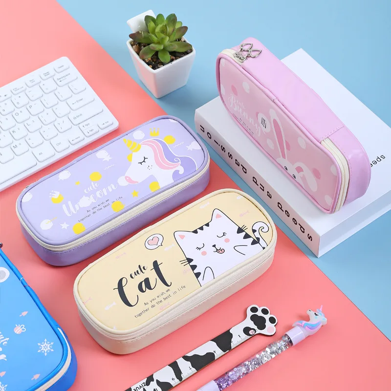 Kawaii школьный Чехол Карандаш для девочек с изображением фламинго кошки единорога