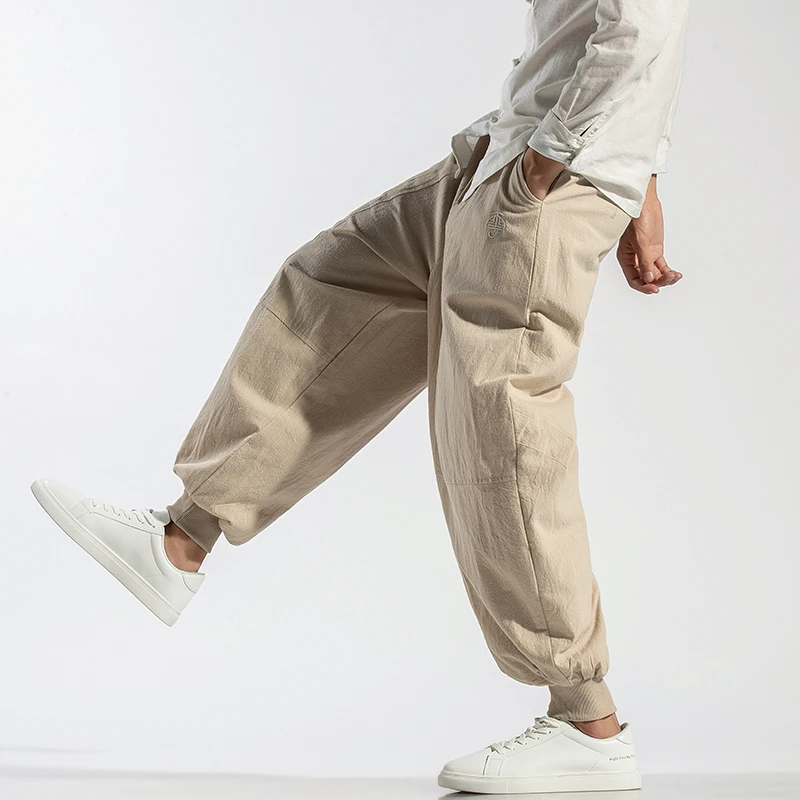 Мужские свободные однотонные хлопковые льняные повседневные шаровары мужские
