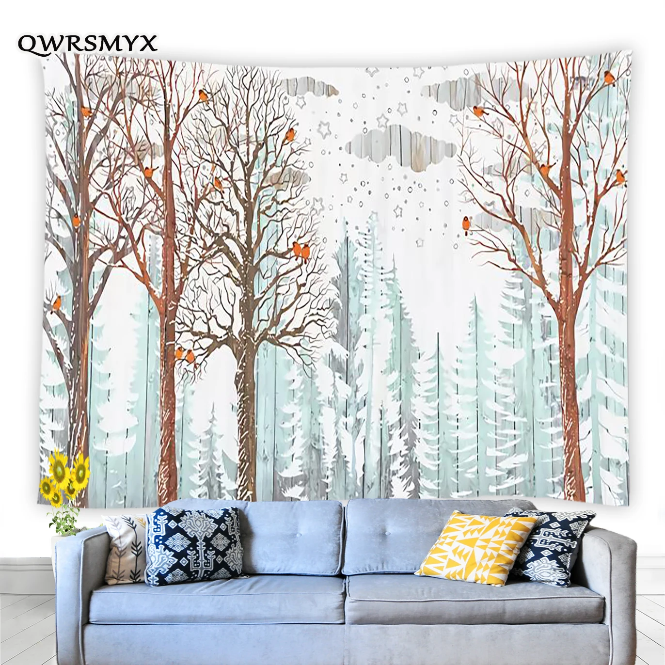Tapiz de bosque de ciervos en invierno, Impresi&oacute;n de paisaje Animal, colgante de pared, sala de estar, dormitorio, decoraci&oacute;n de pared, tapices, arte est&eacute;tico para el hogar-3
