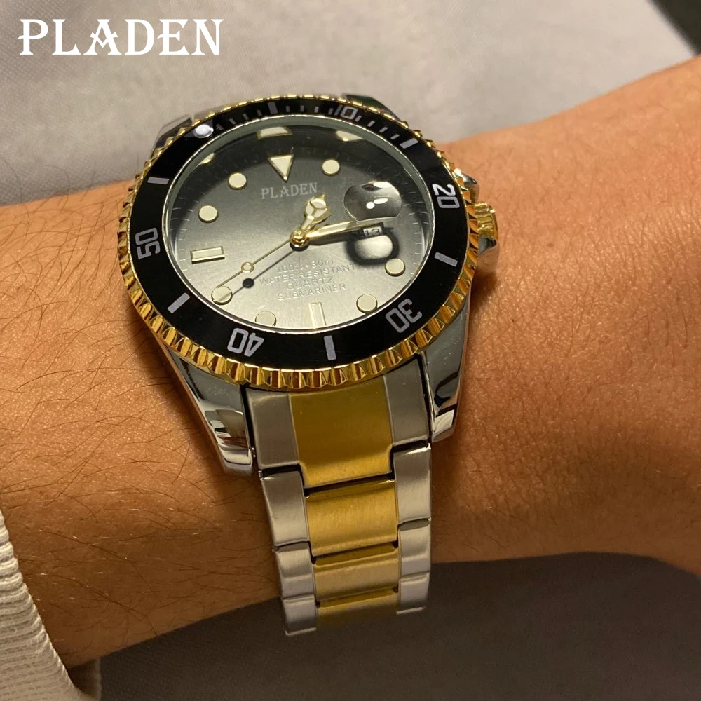 

2021 New PLADEN Business Mens Watches Top Dress AAA Submariner Fashion Full Stainless Steel Quartz Clock Dive Relógio masculino