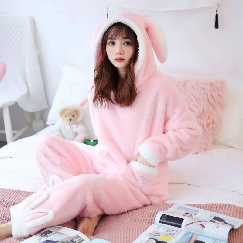 Plus Velvet Thick Pajamas Set Flannel New Pajamas Women Autumn and Winter Cute Hooded Coral Fleece Warm Female Long Sleeves
