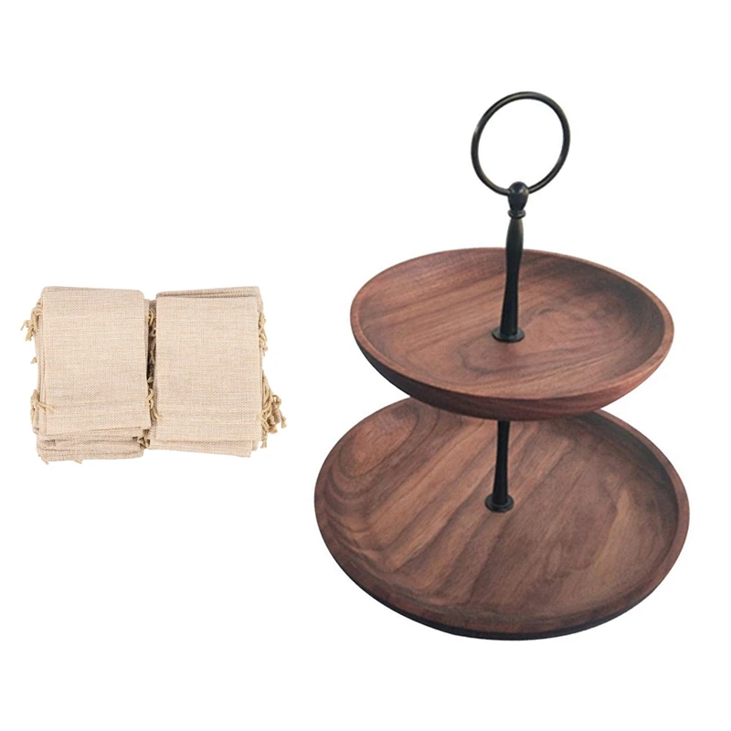 

40 Pieces Burlap Bags with Drawstring with 2 Tier Wooden Dessert Cake Plate Fruit Storage Tray