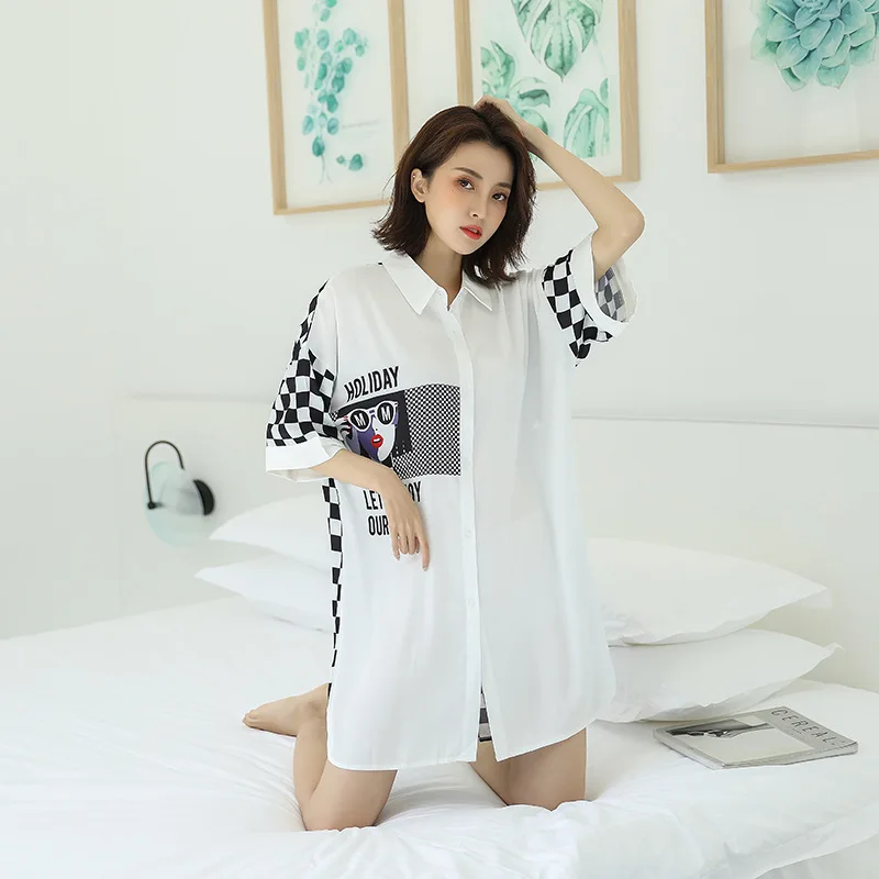 

Sleepshirt Women Novelty Printed Home Clothing Intimate Lingerie Satin Sexy Nightgown White Home Dressing Gown Sleepwear