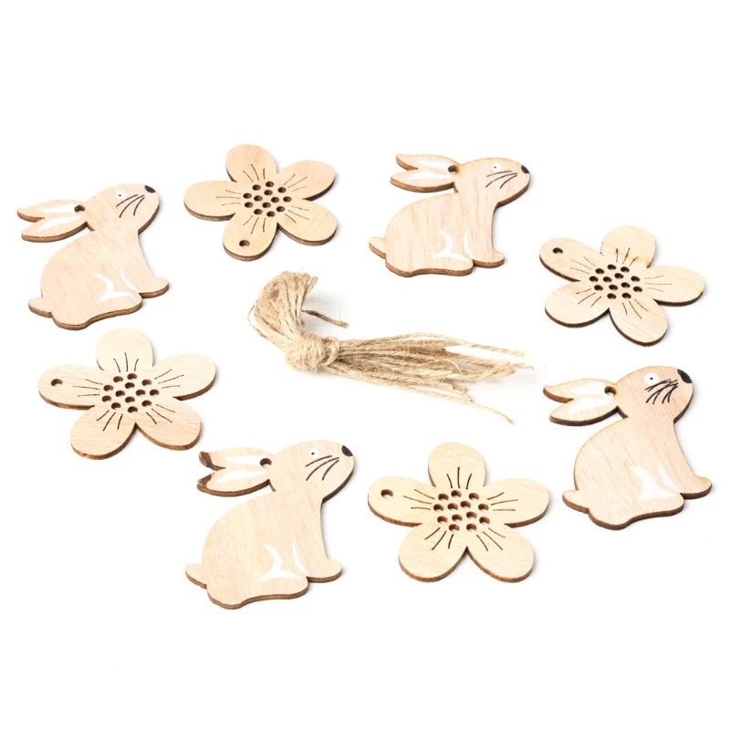 

8 Pcs Happy Easter Wooden Rabbit Flower Crafts Decorative Tag Pendant Hanging Ornaments with Hemp Rope Home Decor