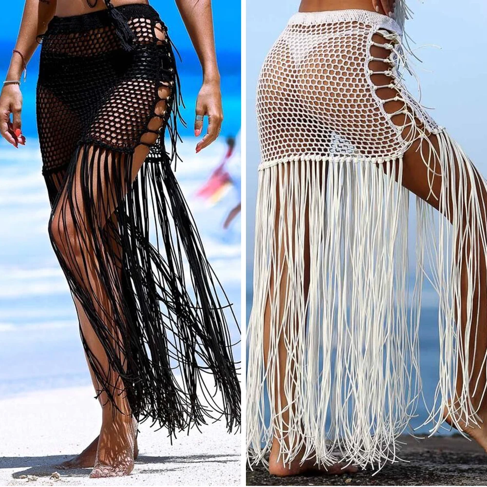 Women Crochet Swimwear Bikini Cover Up Beach Skirts Wrap Sarong Pareo High Waist Long Tassel Maxi Skirt Solid Swimsuits | Спорт и