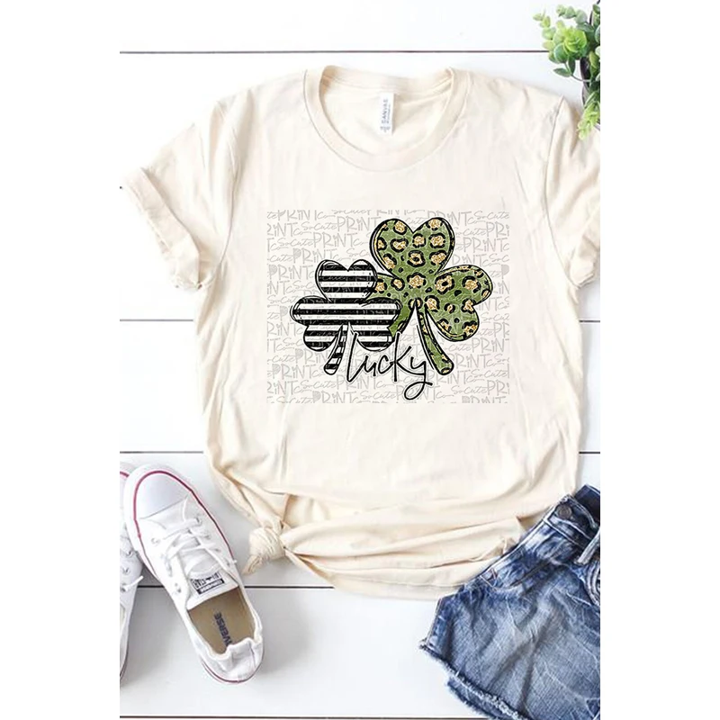 

LUCKYFRIDAYF Plus Size Striped Leopard Shamrock Letters Graphic Tee Vetement Femme Summer Clothes Round Neck Women T Shirt S-2XL