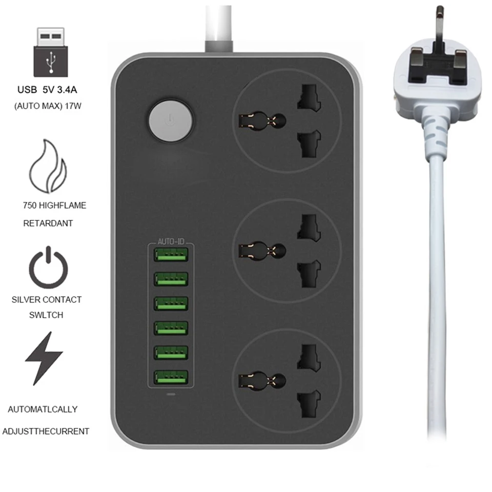 UK 3 Pins Power Strip With Switch FUSED Multi Plug Universal Outlets USB Extender Socket network filter socket for phones | Электроника