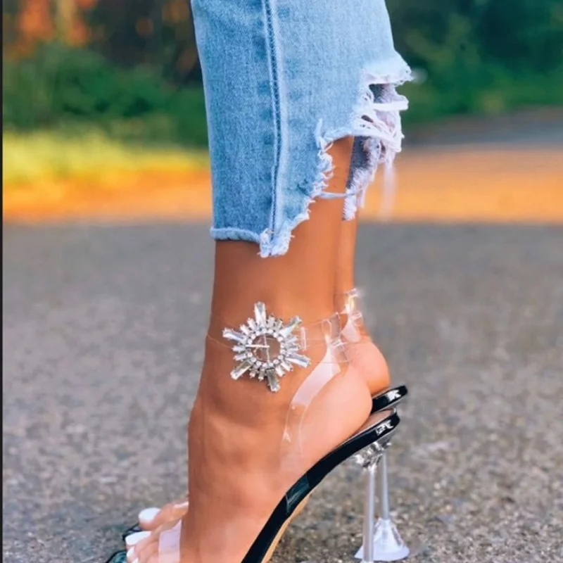 

2021 NEW Square Toe Summer Women Sandals Fashion Transparent Spike Heels Thin High Heel Buckle Strap Party Dress Ladies Shoes