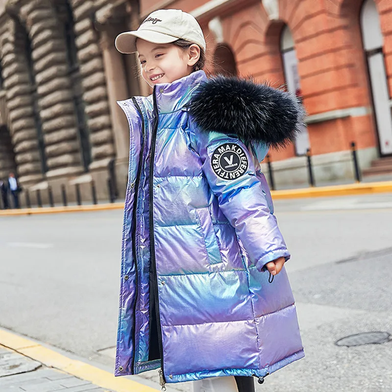 

2020 Winter Coats and Outerwear Faux Fur Decoration Long Down Parkas for Kids Full Sleeve Hooded Jackets for Boys and Girls