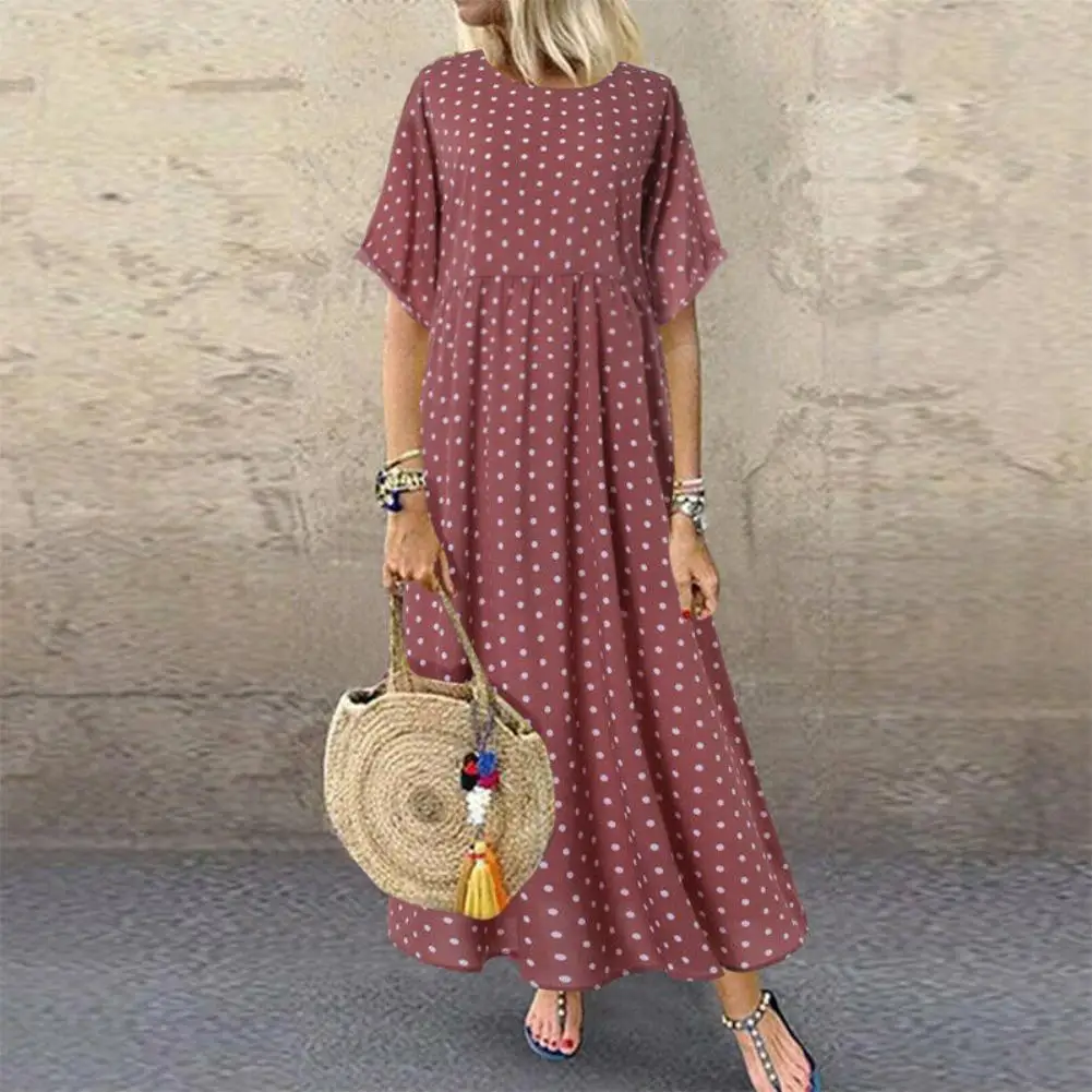

Autumn Casual Womens Polka Dot Print Loose Round Neck Short Sleeve Long Maxi Dress Ankle-Length Ruffles Solid Long Women's Dress