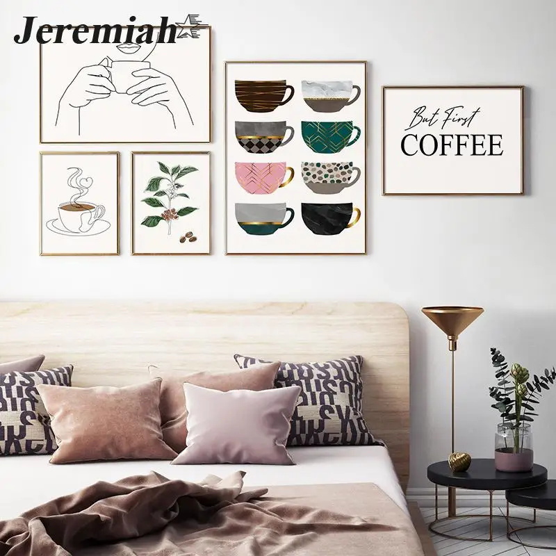 Абстрактная красочная чашка кофейная линия рисунок плакат скандинавские стены