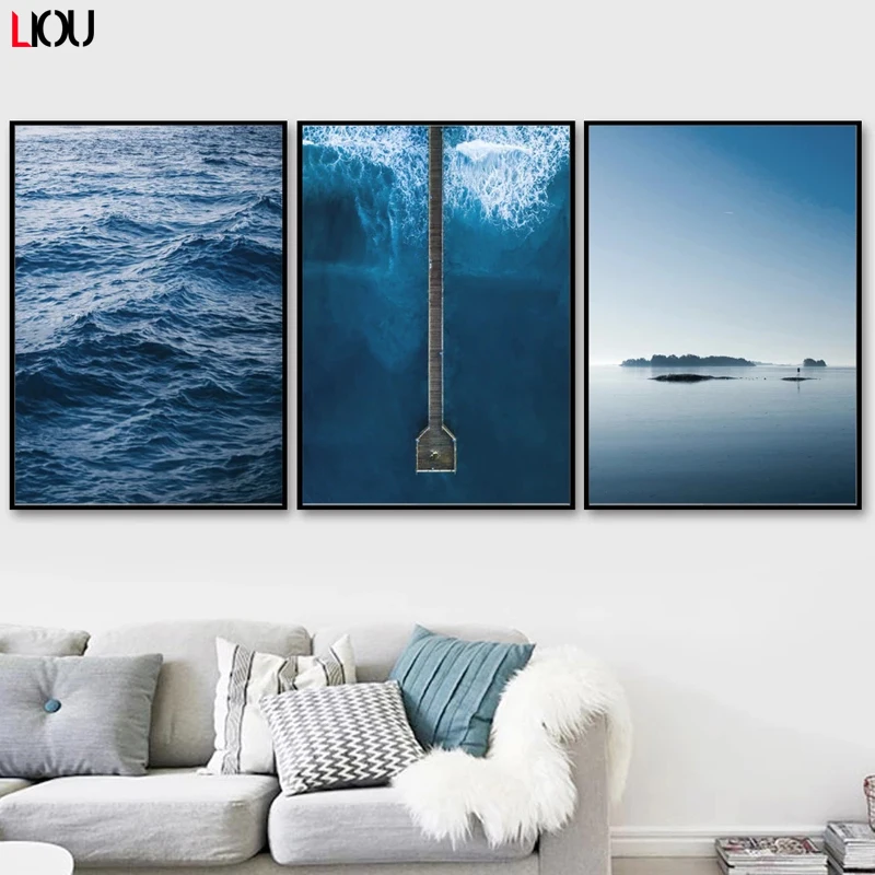 Картина на холсте в скандинавском стиле с рисунком морской волны | Дом и сад