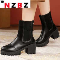 autumn new paltform square heel fashtion womens chelsea boots pu leather round head splicing elasticity womens boots