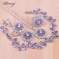 risenj luxury purple zircon leaf little daisy silver 925 costume jewelry for women drop earrings ring necklace bracelet set