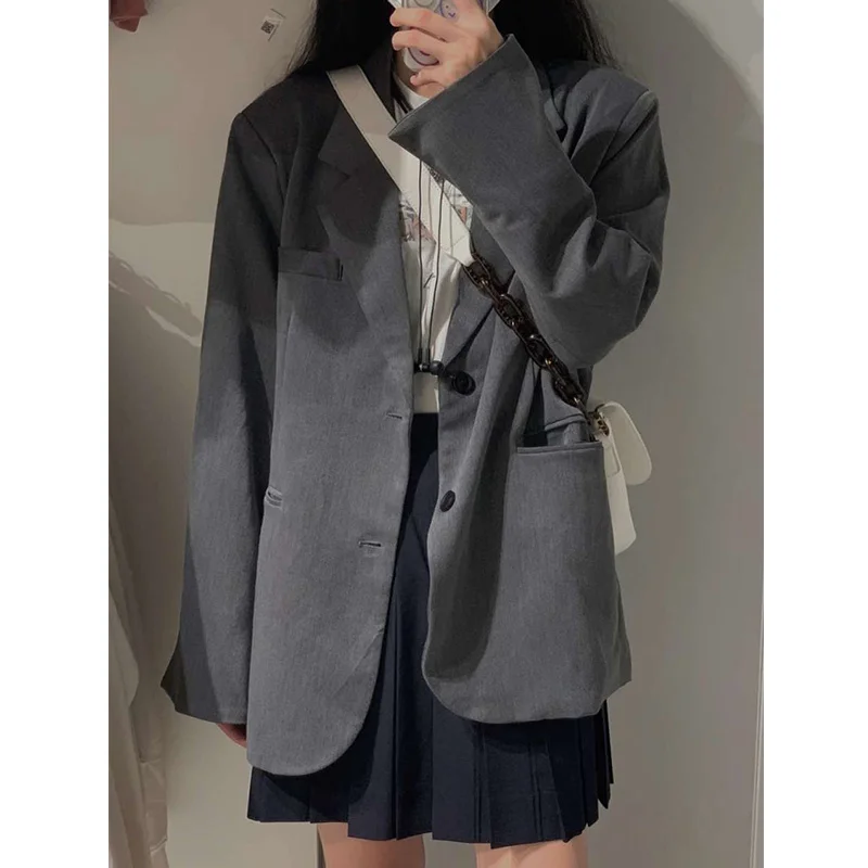 

SHENGPALAE Korea Chic Women Autumn Single Breasted Blazer New Grey Notched Loose Casual Long Sleeve Suit Jacket 2021 5E2377
