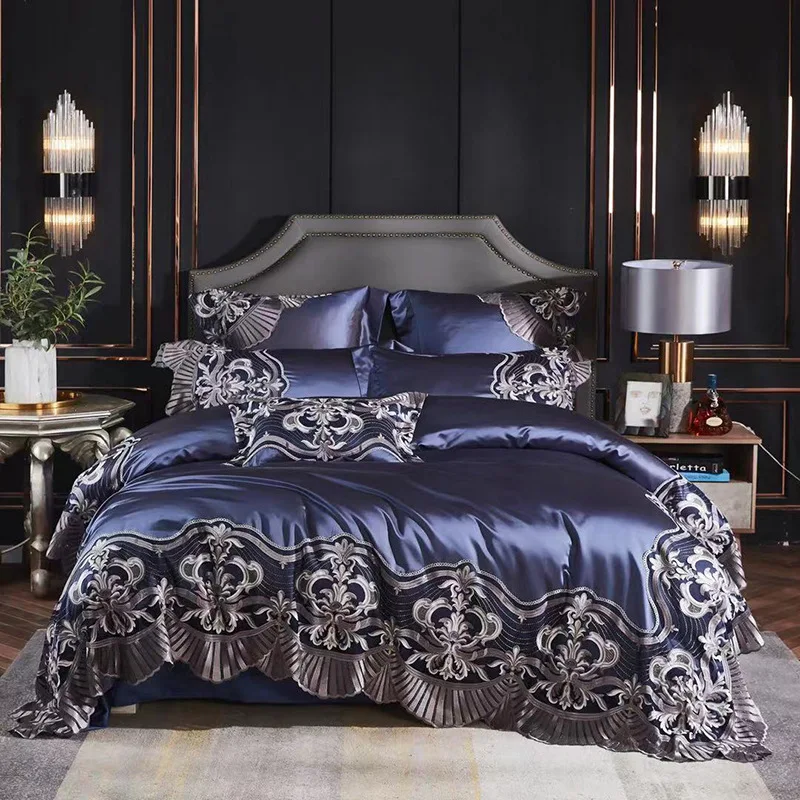 

Роскошный комплект постельного белья из длинного степлера и хлопка с кружевом и вышивкой в европейском стиле Пододеяльник Простыня наволо...