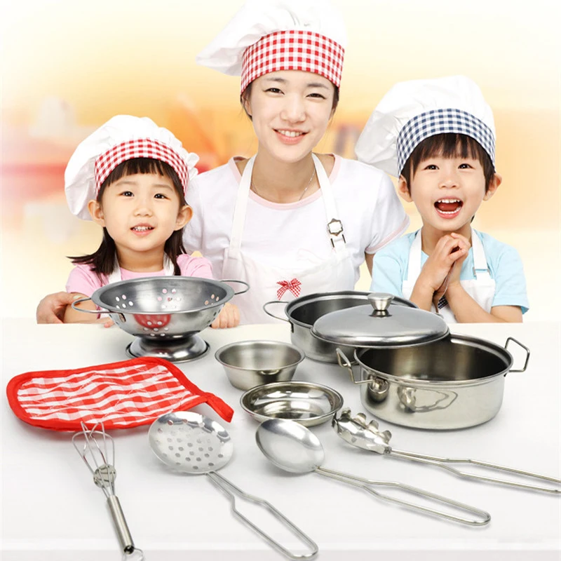 

10Pcs Stainless Steel Kids Kitchen Toys Mini Role Play Chef Simulation Cooking Cookware Pretend Play Toy For Girls Children