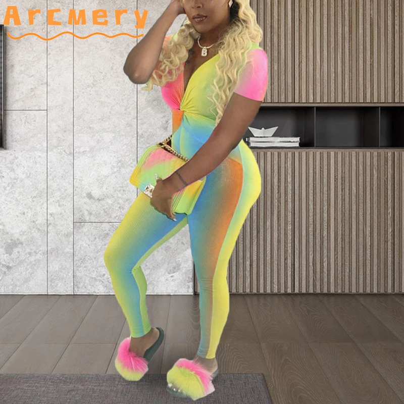 

Women Plus Size Short Sleeve Tie Dye Printed Plunge V-neck Bodycon Skinny Jumpsuits