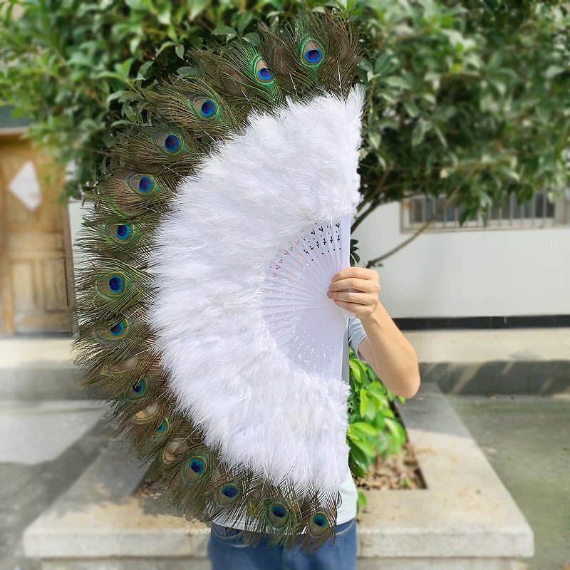 Feather Fan Abanicos Para Boda Chinese Peacock Feather Cosplay Folding Hand Fan Wedding Party Dance Fan Home Decoration - изображение