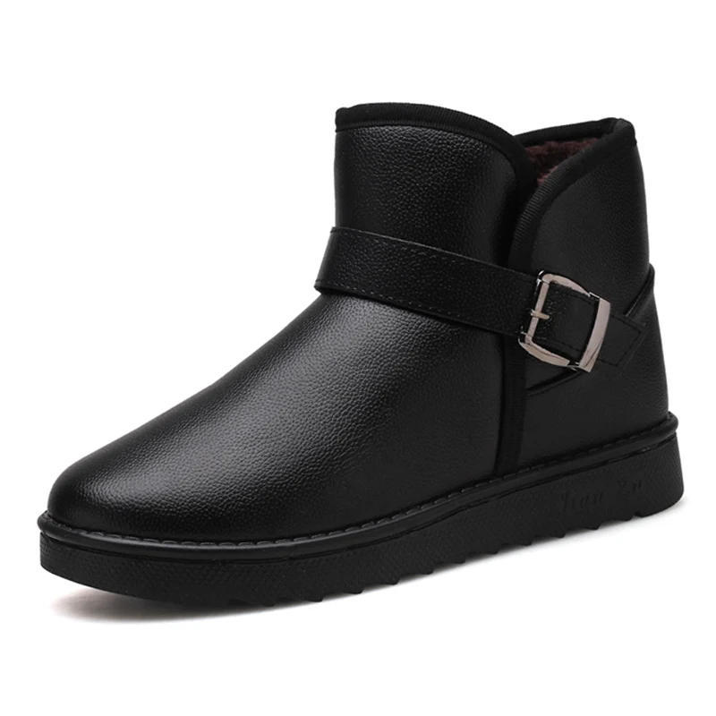 Black RHINE/модные зимние мужские ботинки из водонепроницаемого кожзаменителя; короткие плюшевые зимние ботинки; однотонная обувь на платформе без шнуровки; мужская теплая Повседневная обувь на плоской подошве с мехом - Цвет: Black
