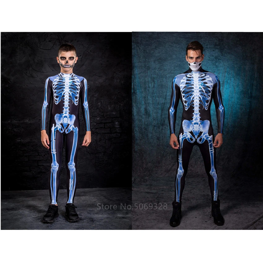Страшный костюм черепа 2020 на Хэллоуин для детей скелет взрослых всей семьи ужас