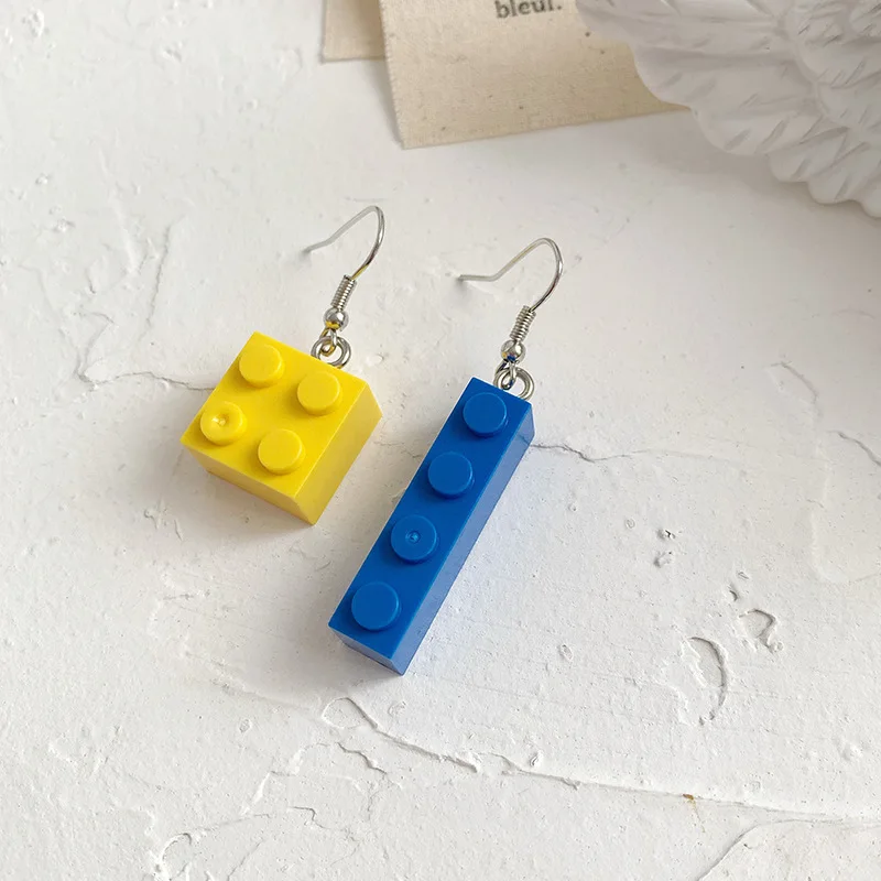 yellow blue Забавные яркие строительные блоки Висячие серьги милые цветные геометрические Асимметричные для женщин и девочек детские ювелирные изделия подарок - Окраска металла: yellow blue