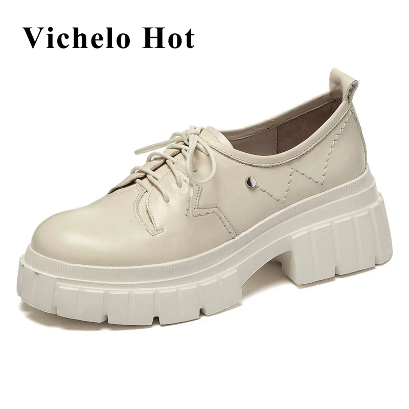 

Женские туфли из натуральной кожи Vichelo, с круглым носком, на высоком каблуке, повседневные туфли с глубоким вырезом, на шнуровке, L31