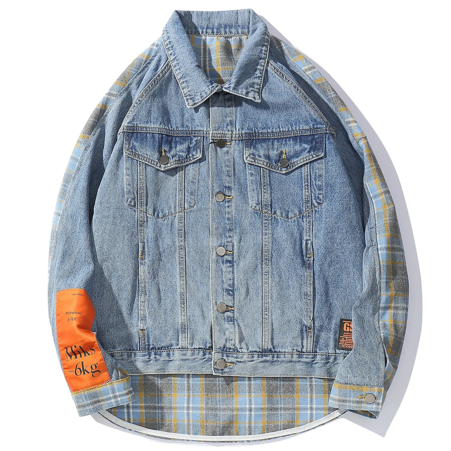 Мужская джинсовая куртка в стиле Харадзюку винтажная клетчатая составного кроя