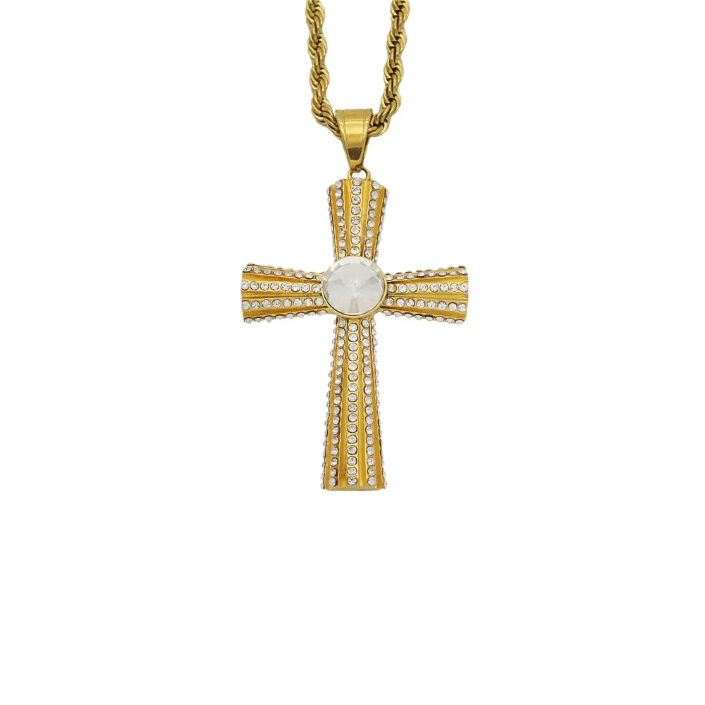 

Christian Cross Necklace & Pendant With Chain Gold Color Stainless Steel Cubic Zircon Men's Women Hip hop Jewelry For Gift