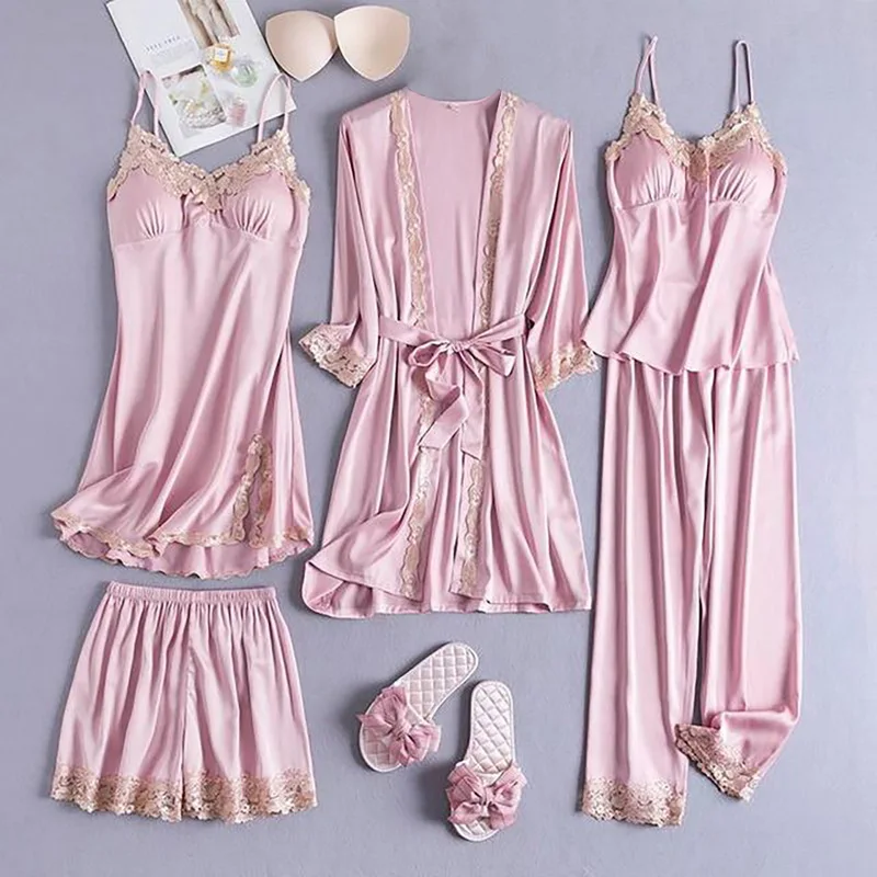 

5pcs Suit Ladies Sexy Silk Satin Pajamas Set Female Lace Pyjama Set Sleepwear Spring Summer Home Wear Nightwear For Women Pyjama