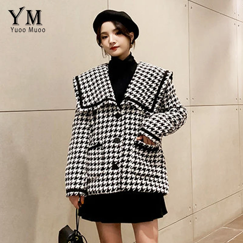 

YuooMuoo Brand Fashion Houndstooth Wool Coat Women 2021 Autumn Winter Coat Chic Sailor Collar Pockets Suit Padded Jacket Outwear