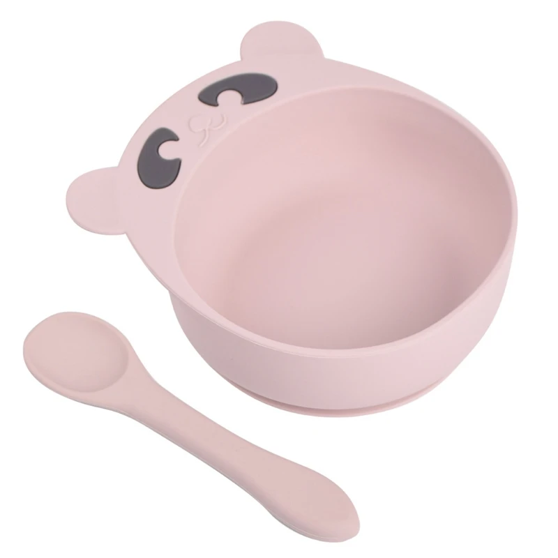 

J2FF 2 Pcs Cartoon Bear Baby Training Feeding Food Bowl Spoon Set Anti Slip Silicone Suction Dinner Plate Dish Scoops Utensil