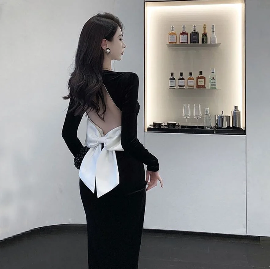 

Женское облегающее платье с вырезом на спине, Черное вечернее длинное платье в французском стиле Хепберн, с открытой спиной