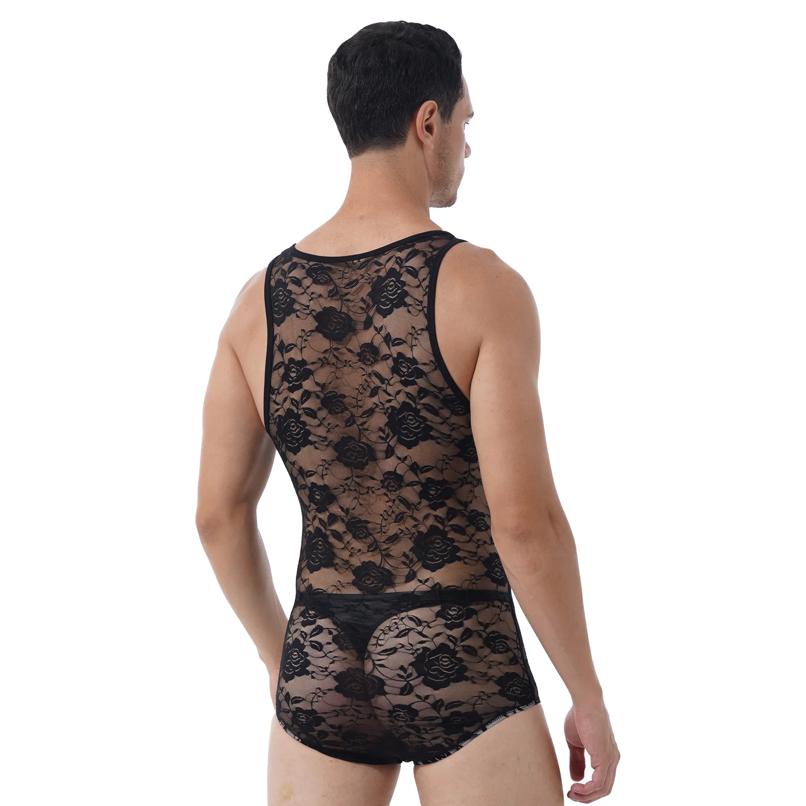 Мужское кружевное прозрачное боди с цветочным принтом Облегающий комбинезон без