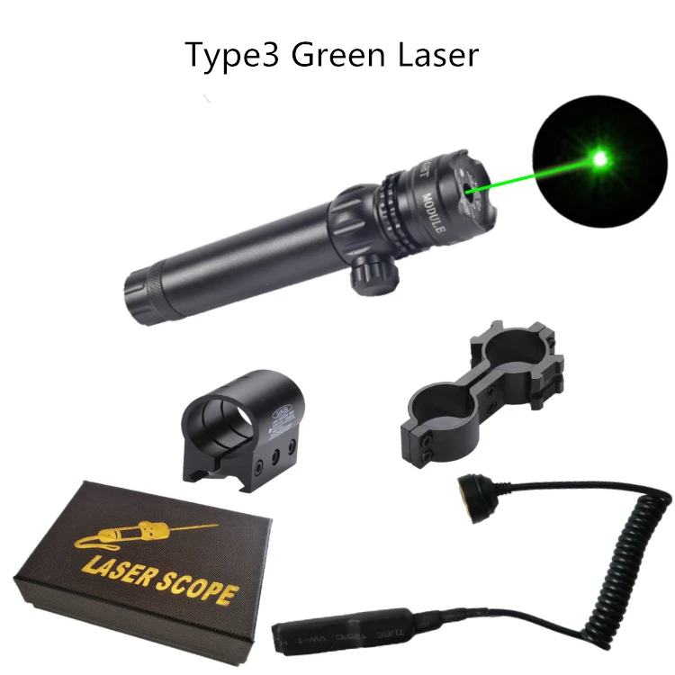 Type3 Green Laser Зеленый/красный точечный лазерный прицел набор тактическое оружие Регулируемый дистанционный переключатель давления винтовка прицел+ рейка крепление для ружья охоты - Цвет: Type3 Green Laser