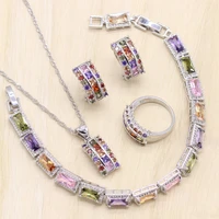 silver color jewelry sets multicolor cubic zircon bracelet geometric earrings for women pendant necklace ring free gift box 4pcs