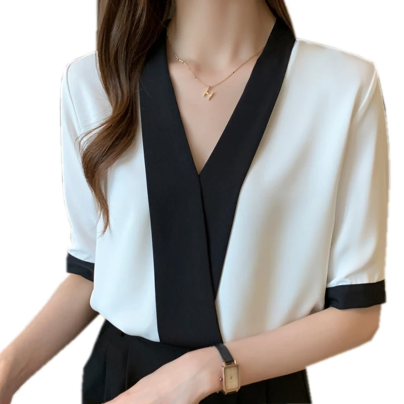 

Женская обувь; Сезон весна-лето; С половинными рукавами, v-образный вырез, контрастный цвет (черный, белый), свободная Элегантная Дамская офисная обувь, модные женские шифоновые футболки блузки