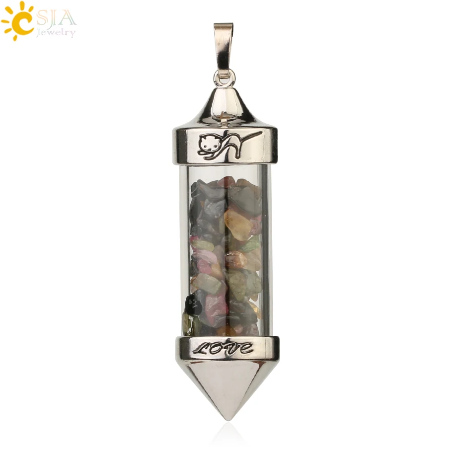Colorful Tourmaline Csja желая Подвески с флаконами ожерелья натуральный камень Гравий в форме пули кулон Романтическая любовь юбилей подарок для женщин G184 - Окраска металла: Colorful Tourmaline