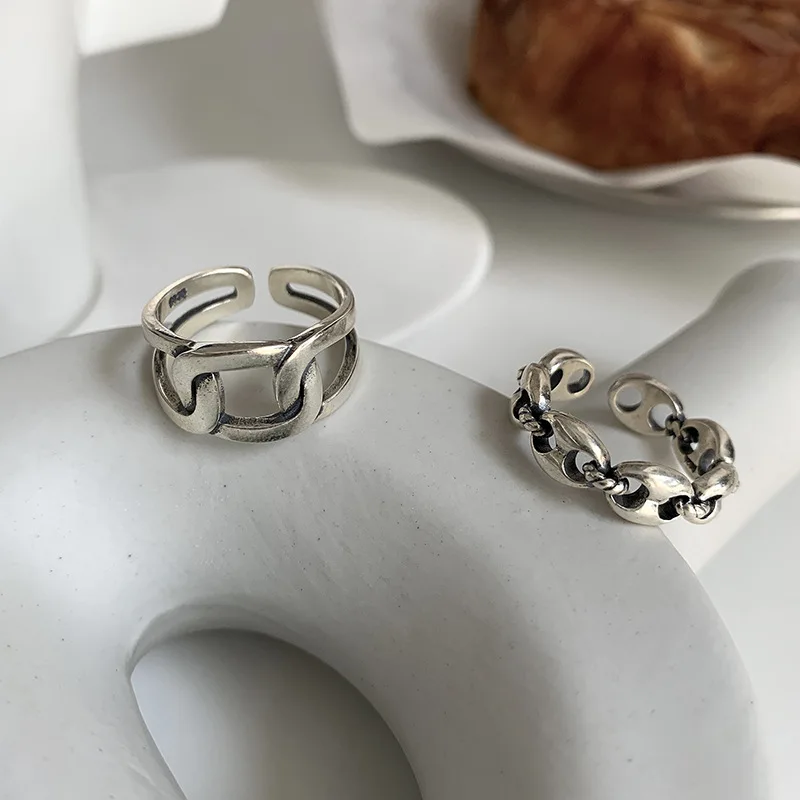 

QMCOCO 925 Sterling Silver Thick Chain Hollow Rings for Women Couples New Fashion Vintage Party Jewelry Gifts