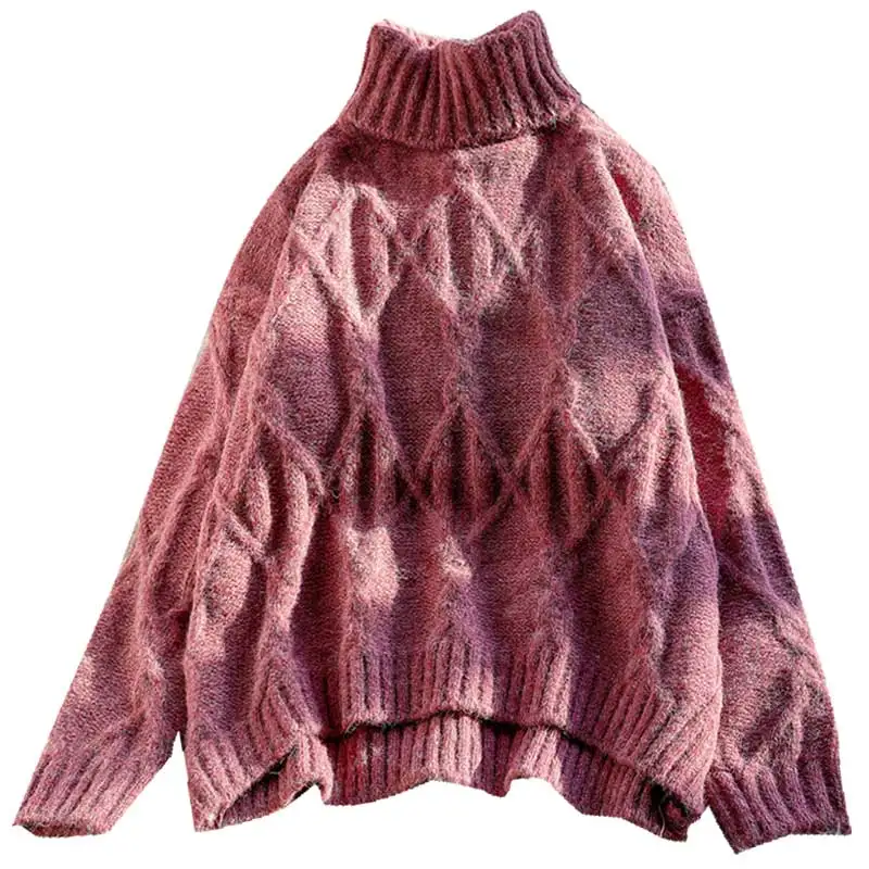 

Turtleneck Plaid Knitted Women Sweaters Solid Flare Sleeved Loose Thicken Warm Lady Elegant Pulls Outwear Coat Tops