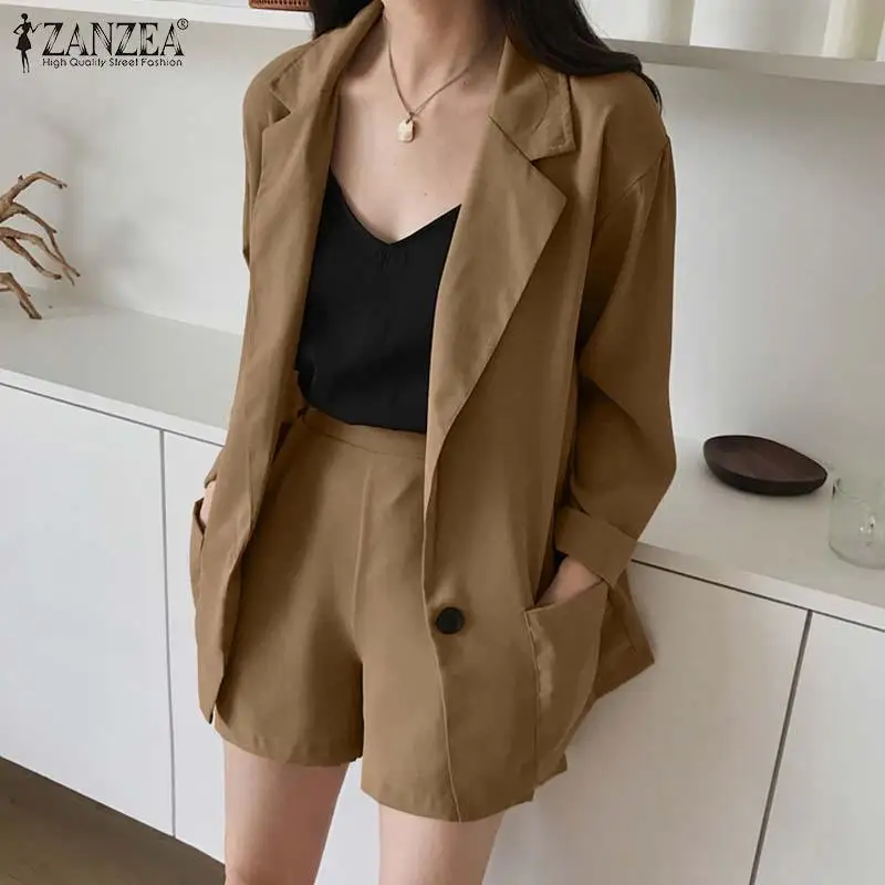 

Lady Work Outwear Women Fashion Blazer Suits 2021 Autumn Solid Office Coats And Shorts ZANZEA Long Sleeve Cardigan 2 Pieces Sets