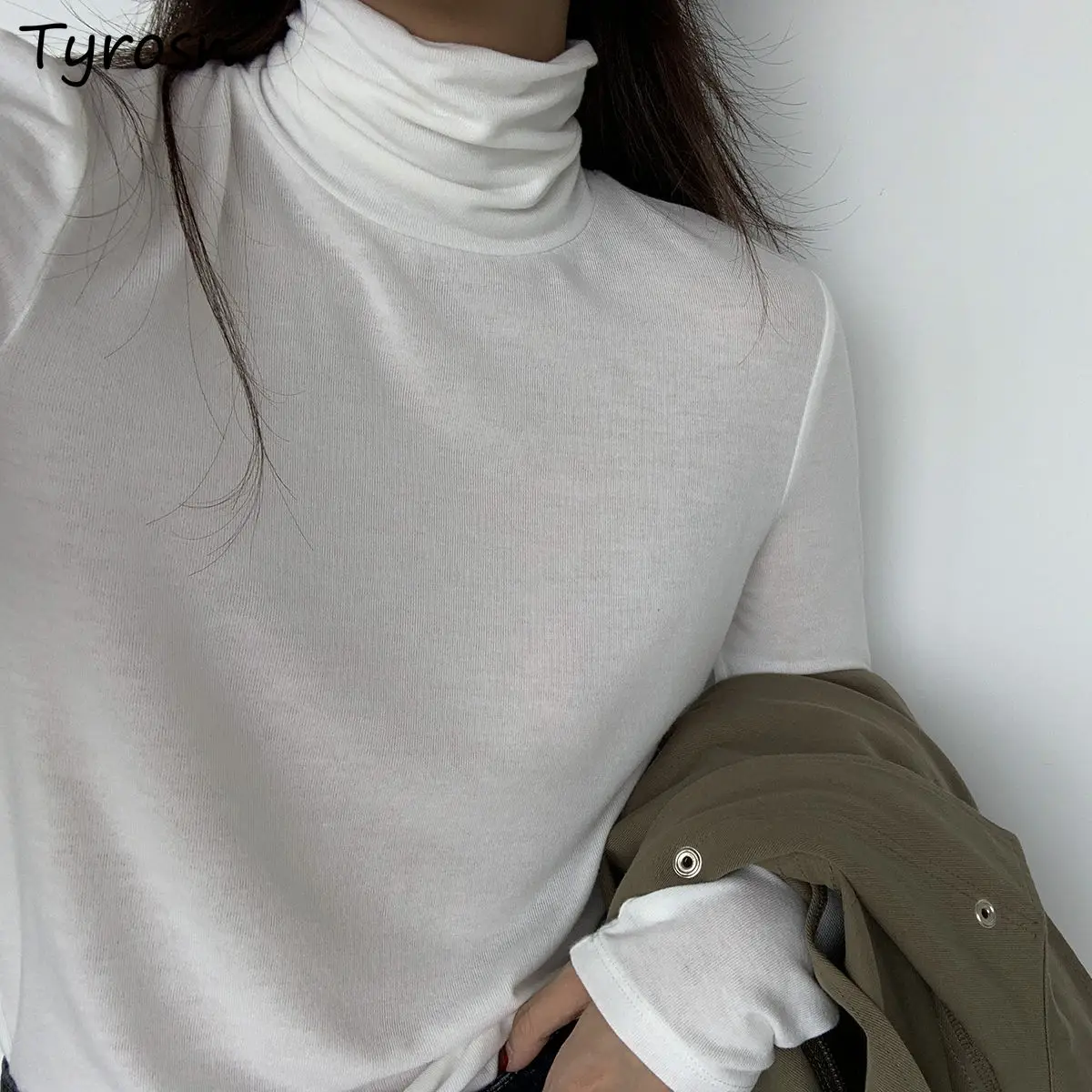 

Women Basic T-shirts Long Sleeve Spring Autumn Thicken Warm Bottoming Tshirts Turtleneck Korean Style Slender Elegant All Match