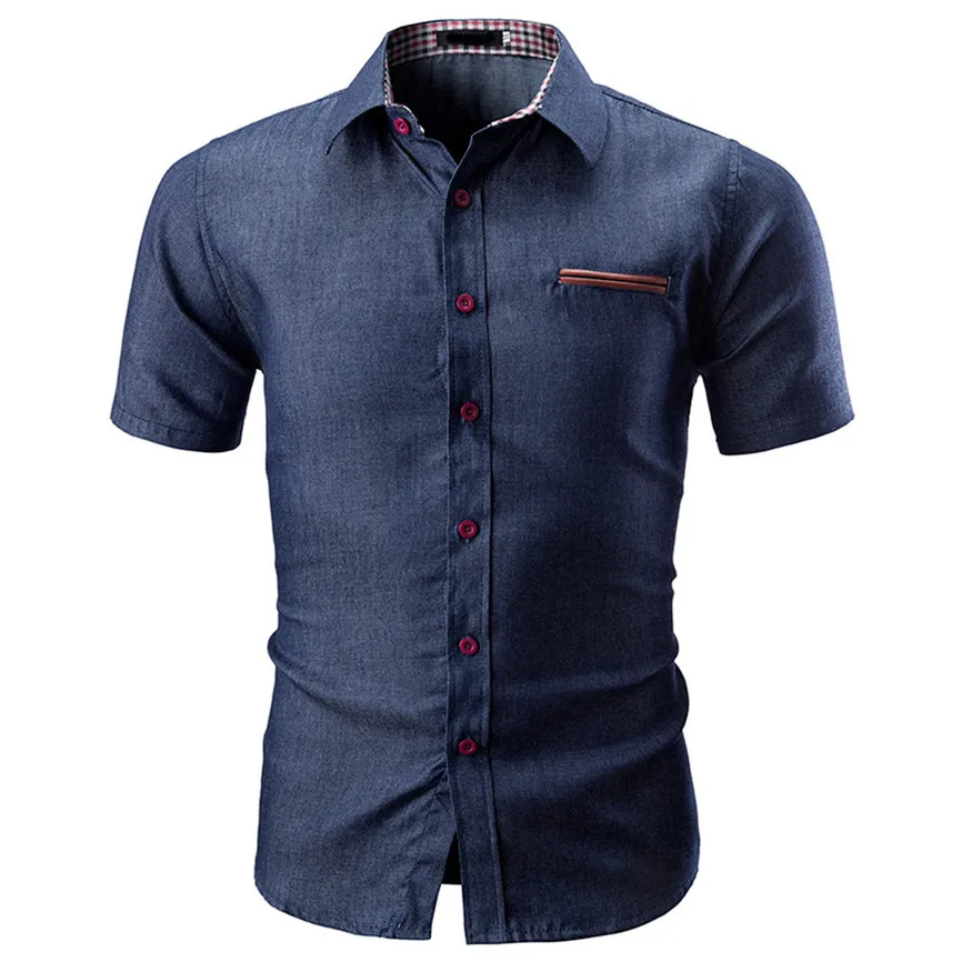 2019 Fashion Denim Shirt Men Slim Fit Camisa Masculina Solid Color Male Casual Short Sleeve | Мужская одежда
